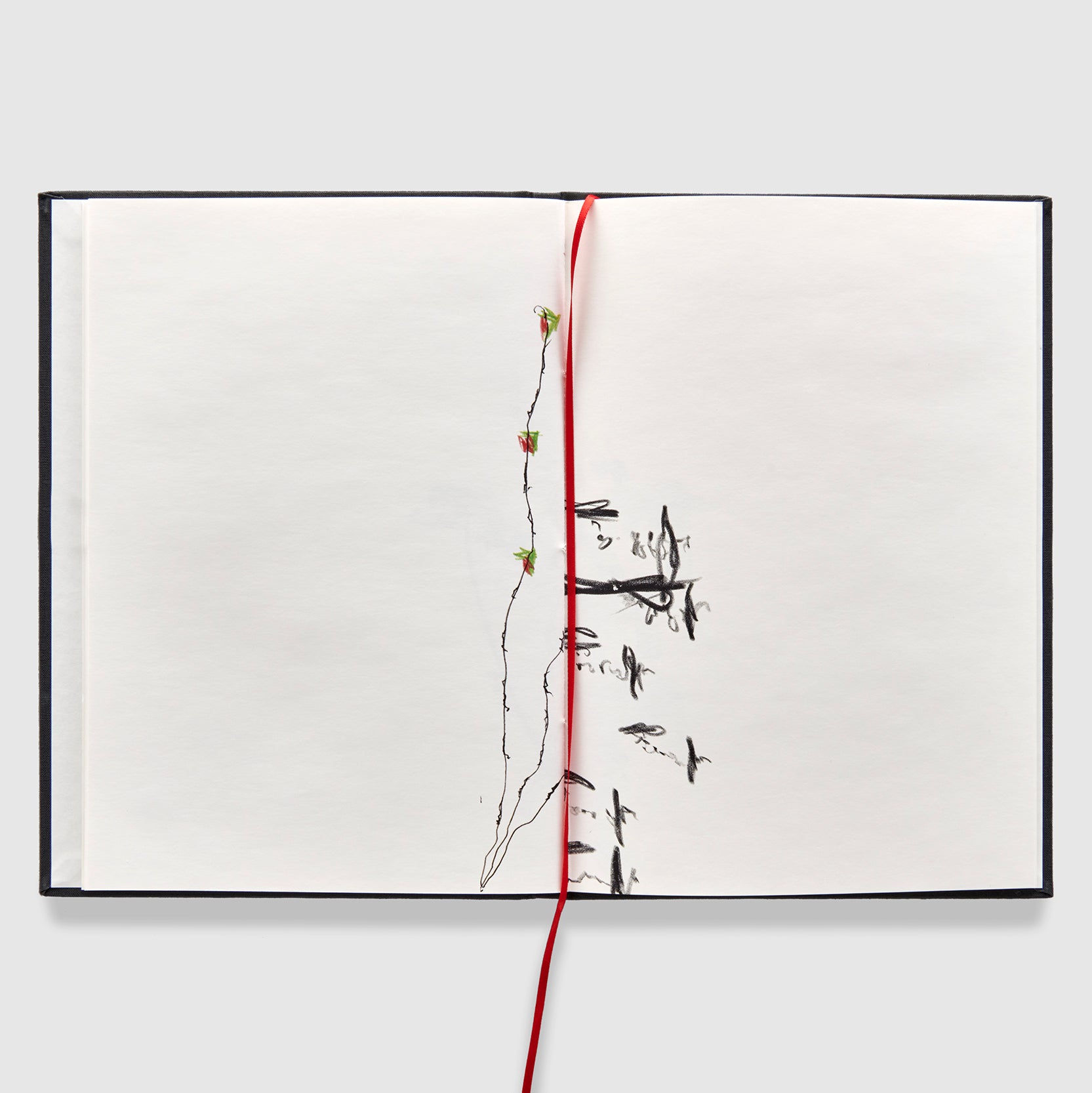 The book is open to two pages. There is a black and white drawing going up the spine with a red ribbon bookmark down the middle of the pages.
