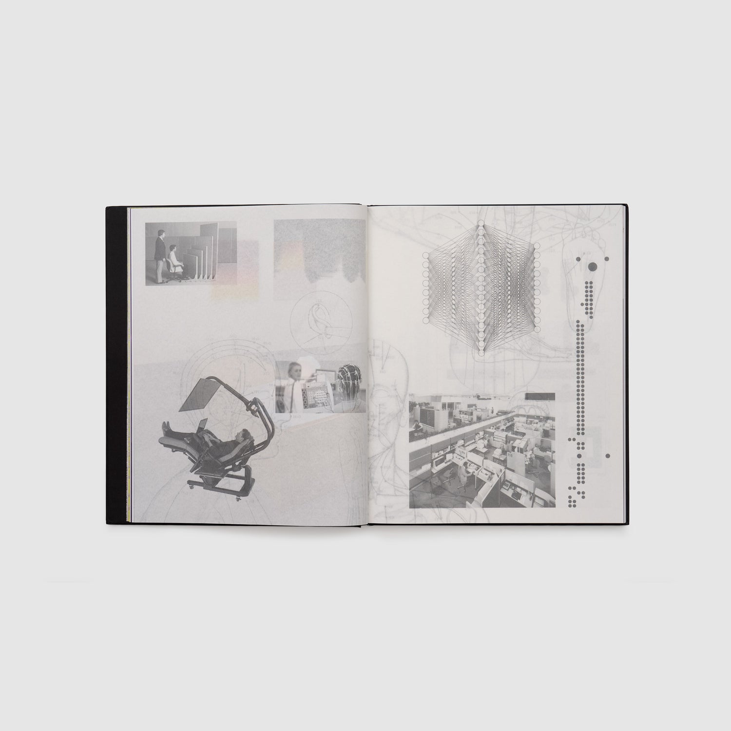 The book is open to two pages. There are black and white images all over both pages.