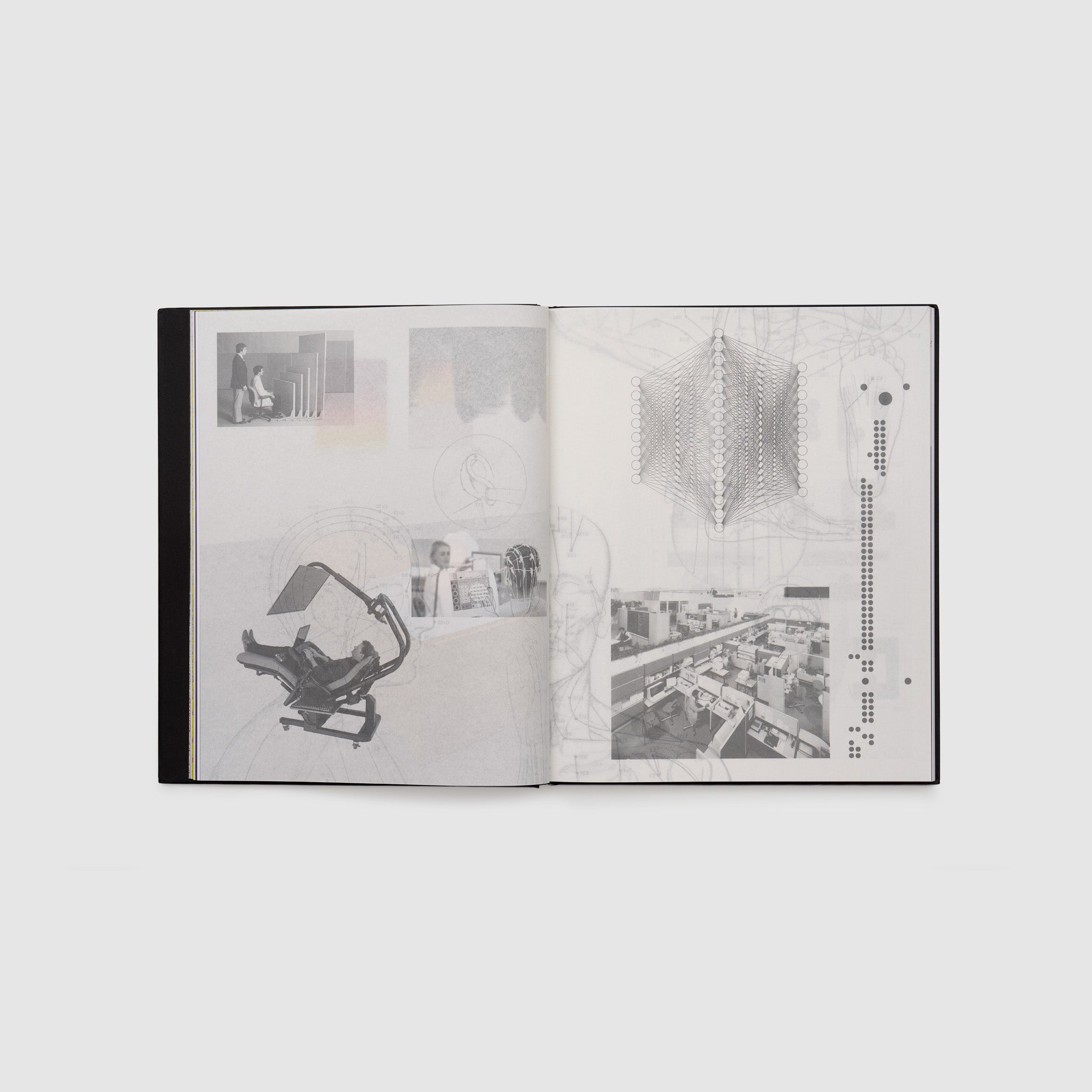 The book is open to two pages. There are black and white images all over both pages.
