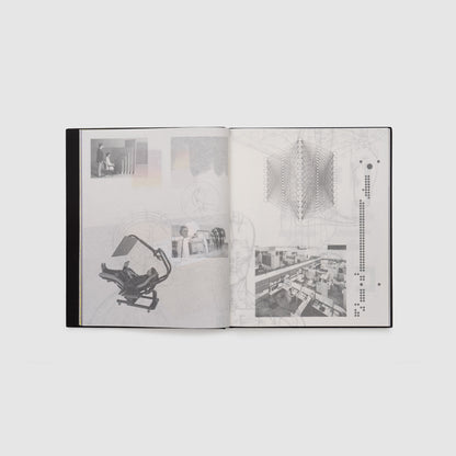 The book is open to two pages. There are black and white images all over both pages.