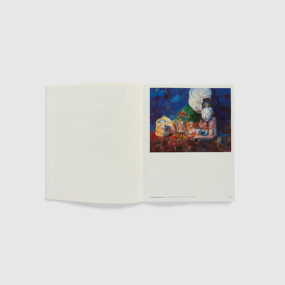 The book is open to two pages. There is an image of the artists work on the right page and the left page is blank.