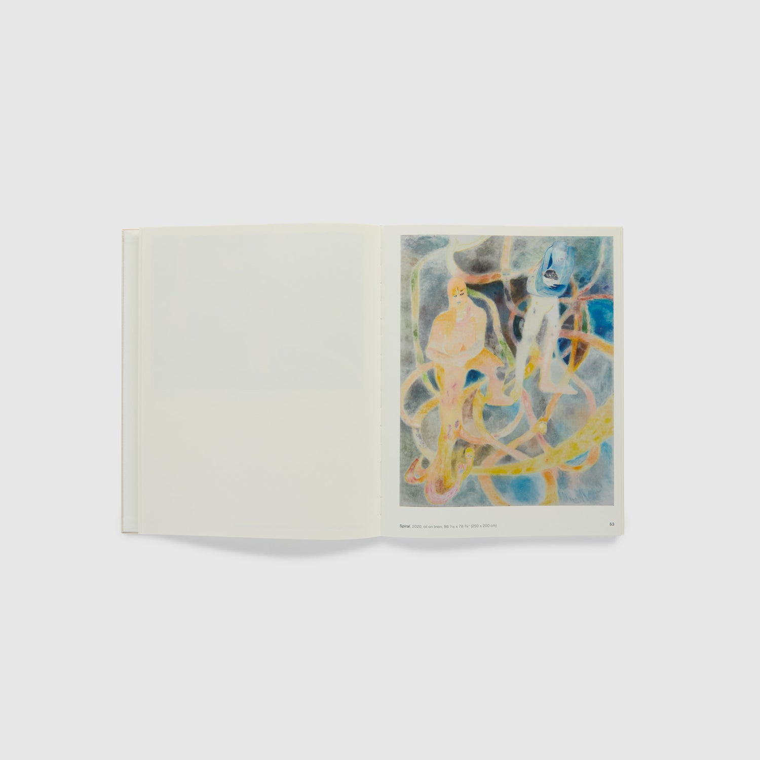 The book is open to two pages. There is an image of the artists work on the right page and the left page is blank.