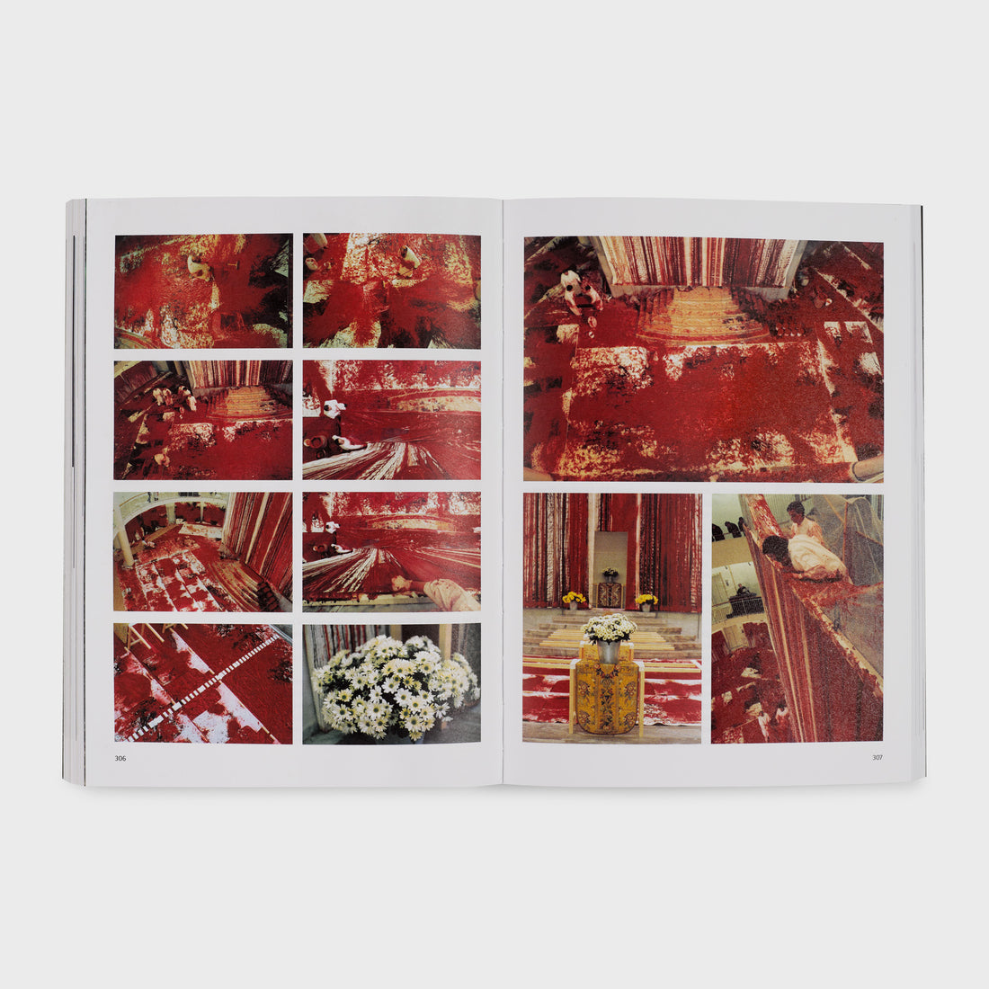 The book is open to two pages and has eleven photographs of a performance piece by the artist across it. 