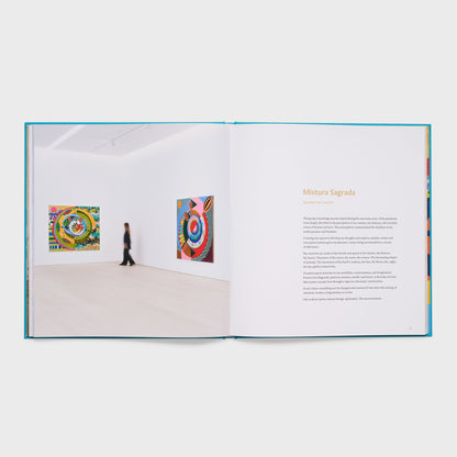 The book is open to two pages. The left page shows the artists work hanging in a gallery and the right page has an essay by the artist.