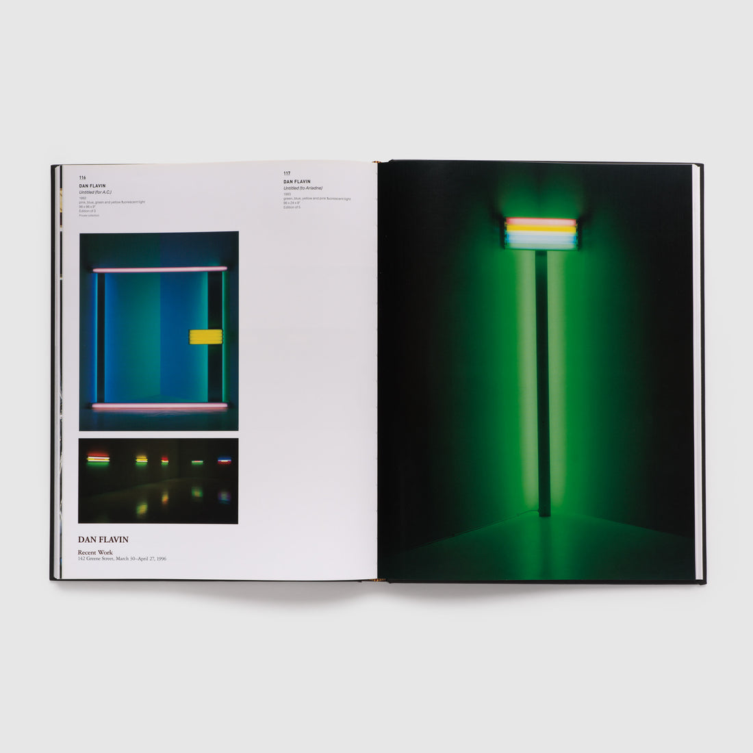 Two page spread containing three of the artist Dan Flavin&