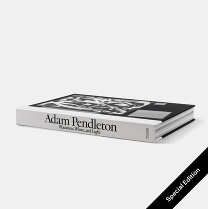 The book is laying flat on its back. The spine is white and reads Adam Pendleton Blackness, White, and Light.