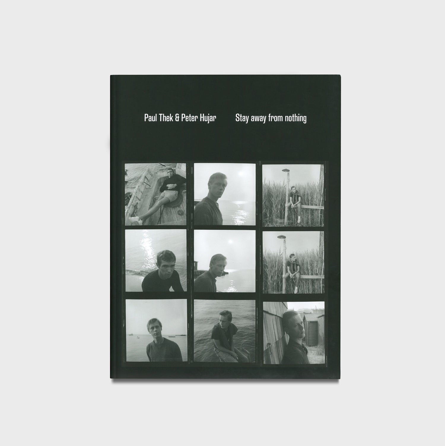 Book cover with nine black and white photos of a person and white text &