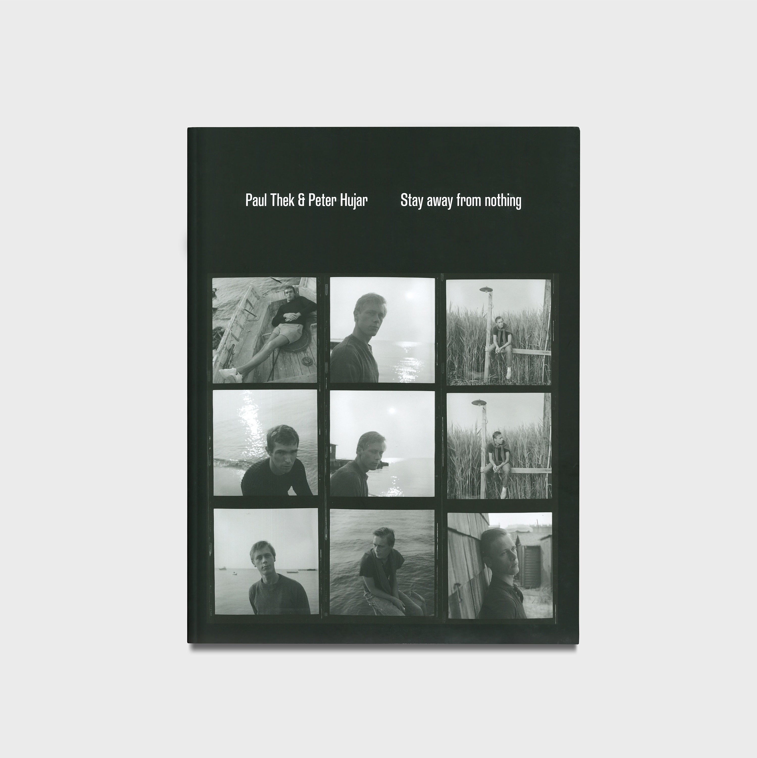 Book cover with nine black and white photos of a person and white text &