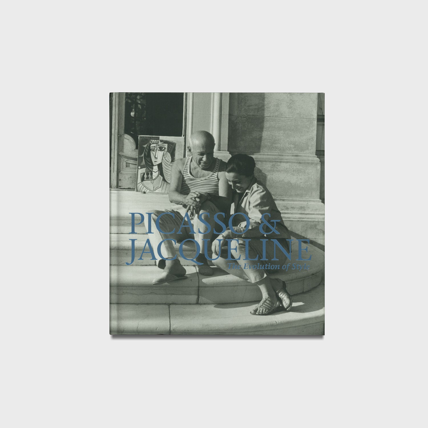 Book cover featuring a black and white photograph of Picasso and Jacqueline, with &