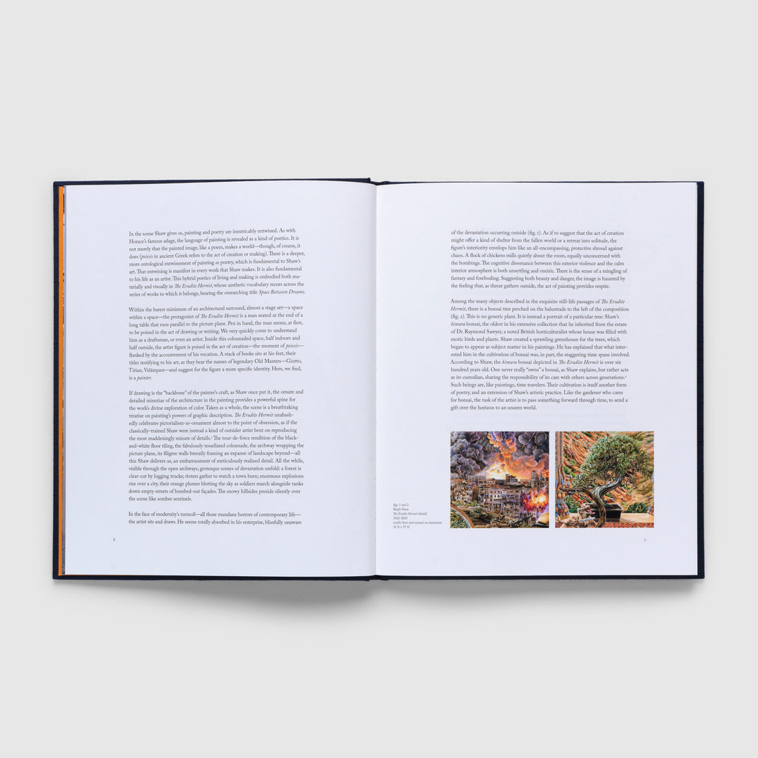 Open book with text and two small images on a white background