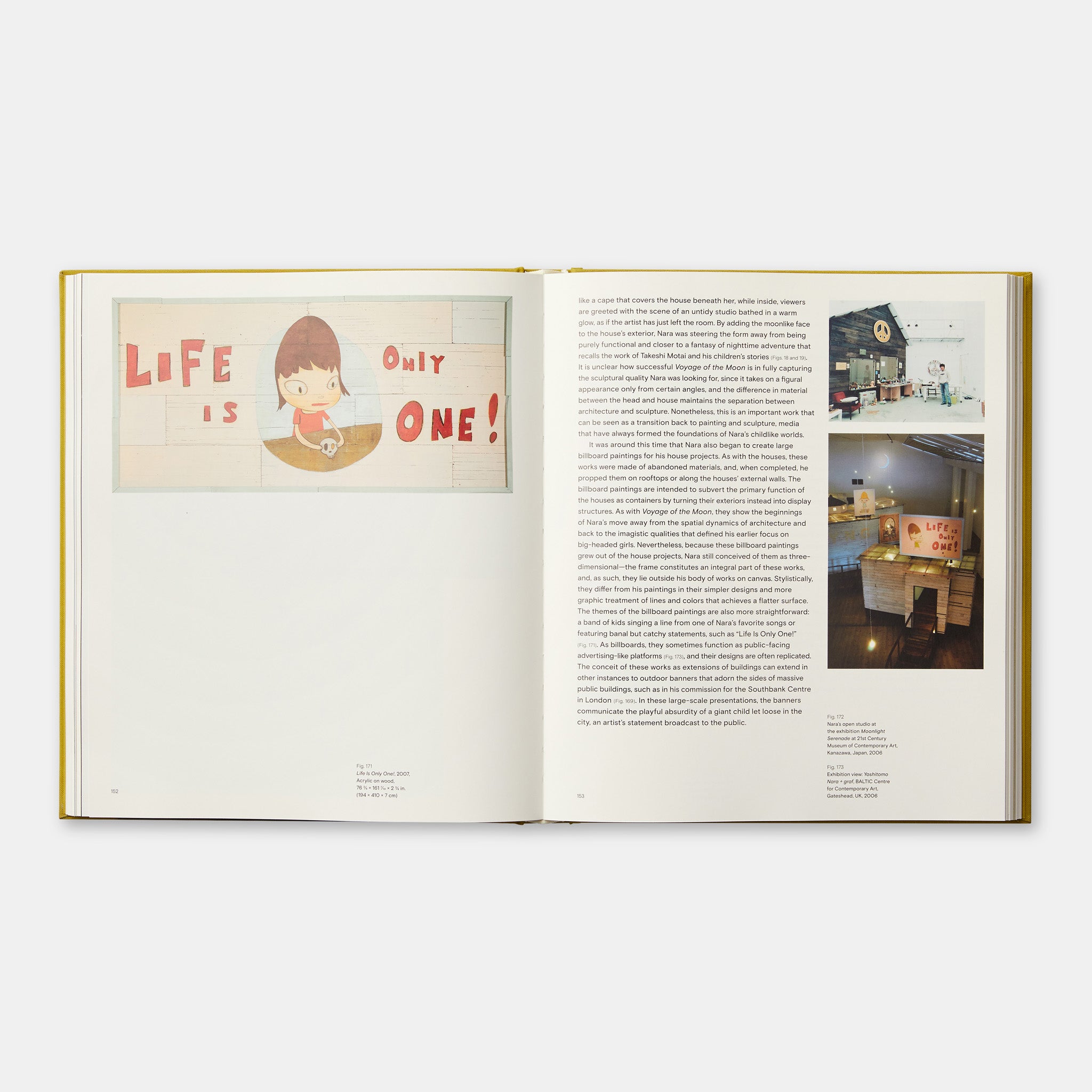 The book is open to two pages. The left page has an image of the artists work and the right page has an essay with photographs of the artists studio.